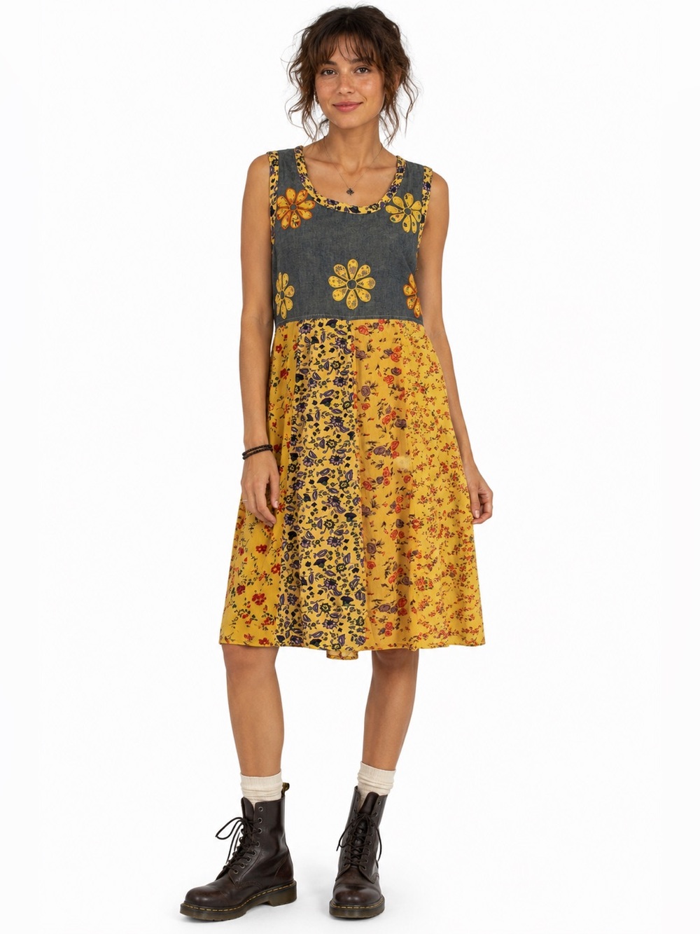 Vintage Raindrops Patchwork Floral Dress 90s Boho Grunge Cottagecore Tie Back M - Picture 2 of 15